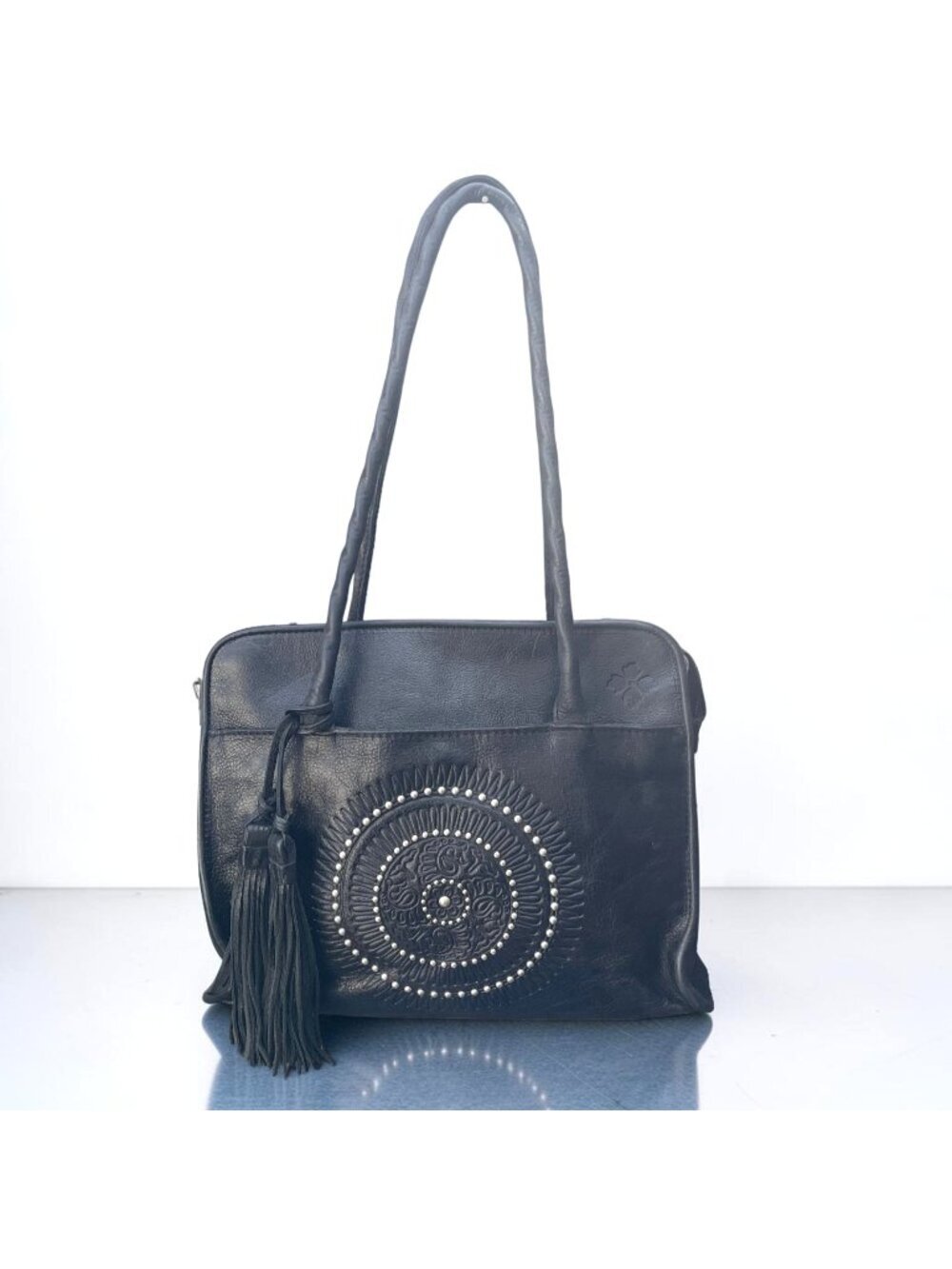 PATRICIA NASH Paris Tooled Leather Tassel Studded Mandala Satchel Black Leather